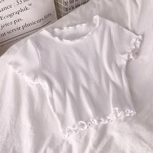 Atasan Crop pendek rajut seksi wanita, atasan Crop pendek ramping kasual murah warna polos musim panas untuk perempuan - Product Image 4