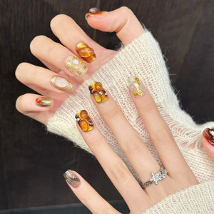 Diseño # 3479 <span class=keywords><strong>Uñas</strong></span> Postizas de Lujo Hechas a Mano con Lámina Dorada, de Alta Calidad, Reutilizables, Extra <span class=keywords><strong>Cortas</strong></span>, Forma Ataúd, Puntas de <span class=keywords><strong>Uñas</strong></span> Artificiales Reutilizables - Product Image 3