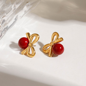 Stud <b>Earrings</b> Bowknot <b>Red</b> Glass Gold Plated Stainless Steel Fashion Jewelry - Product Image 3