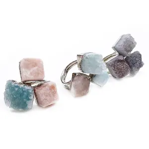 Verstelbare Natuurlijke Blauwe Ruwe Roze Cluster Druzy Helende Kristallen Ring Zilver 3 Edelsteen Kristallen Ring Voor Cadeau