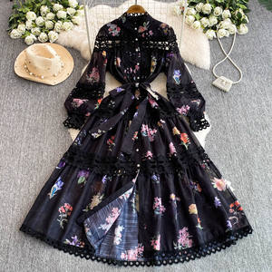 Vestido Floral grande con cuello levantado <span class=keywords><strong>para</strong></span> romper el café <span class=keywords><strong>para</strong></span> mujer, falda larga de cintura con temperamento regordete <span class=keywords><strong>para</strong></span> vacaciones - Product Image 1