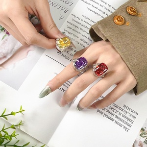 High Quality Jewelry Eco-friendly Copper Dazzling Brilliance 12*16mm Red Zircon <b>Iced</b> Out High Carbon Zircon Pave Full <b>Ring</b> Women - Product Image 6