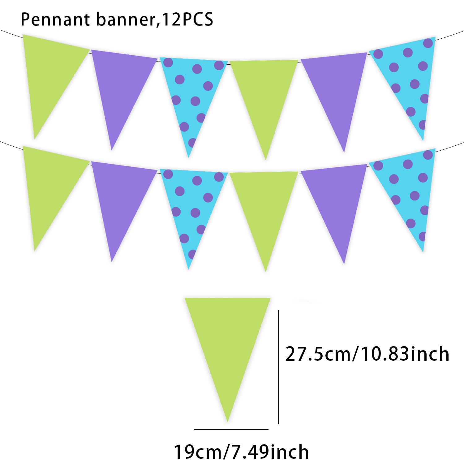 Banderines triangulares 12 unidades - lunares en color contrastante
