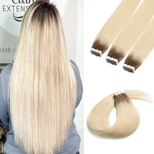 Ombre Hair Extensions Tape in Human Hair 16 inch Balayage Light Brown to Ash Blonde with Platinum Blonde Hair Extensions Real