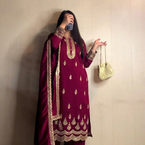 Maroon Rayon Embroidered Indian Pakistani Traditional <b>Dress</b> With Gold Work Ankle-Length Loose Fit Women's Wedding Wear - Product Image 1