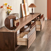 Lemari TV Kayu Solid Gaya Jepang Walnut Hitam untuk Ruang Tamu, Kabinet Audio-Visual Lantai, Model Kustomisasi