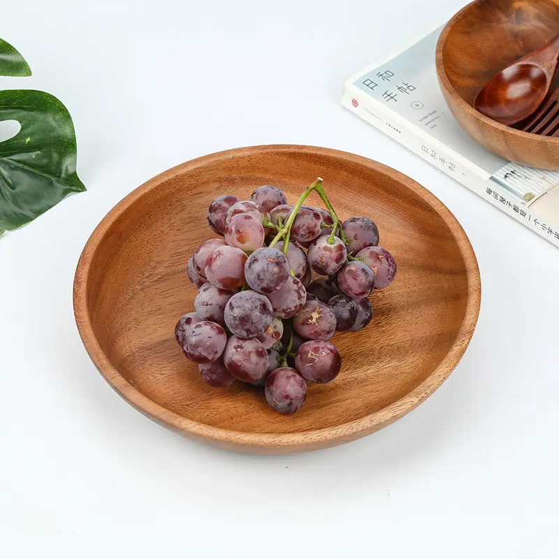 Wholesale Natural Round Acacia Wooden Plate Large and Small Dishes Salad Serving Tray Set Rice Bowl for Dry Fruit Snacks