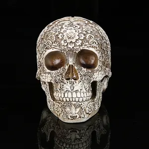 Flower Pattern Resin Skull Statue Halloween Skull Decor Human Head Sculpture Decorative Craft Mexican Horror Skull Bone Resin