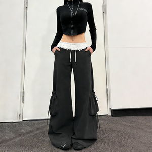 Pantalon cargo ample en dentelle tissée de style français pour femmes, taille basse, cordon de serrage à la taille, poches, légèrement évasé, décontracté - Product Image 6