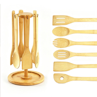 Ensemble d'ustensiles de cuisine en bambou avec support rotatif, 6 pièces, support suspendu 35 cm, organisateur d'ustensiles de cuisine naturel