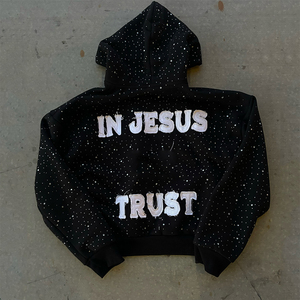 Manufacturer Luxury <b>Fleece</b> 3D Oversized <b>Black</b> Custom Logo Distressed Embroidered Patch Full Rhinestone Breathable Zip Streetwear - Product Image 2