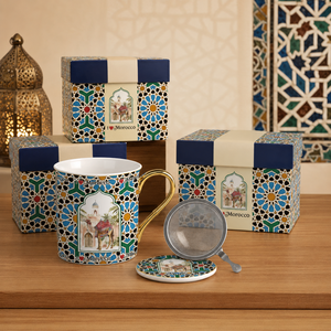 Mug en céramique de style vintage marocain de <span class=keywords><strong>Marrakech</strong></span>, motif ethnique et chameaux, avec infuseur à thé et couvercle, personnalisable ODM OEM - Product Image 3