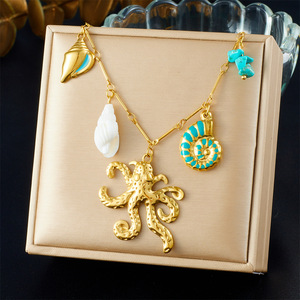 Gold Plated Octopus Conch Shell Pendant Necklace Zinc Alloy Themed Animal Charm Jewelry - Product Image 1