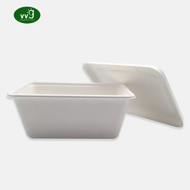 VVG square biodegradable compostable sugar cane sugarcane pulp bagasse 1l disposable food container box with lid