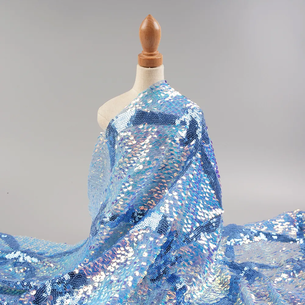 Tissu textile brodé à paillettes bleues en maille personnalisée, pour robe, fournisseur africain, 2023