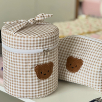 Panier de rangement cylindrique en tissu avec nœud mignon, imprimé floral à carreaux, organisateur de cosmétiques et de petits objets pour bureau et chambre