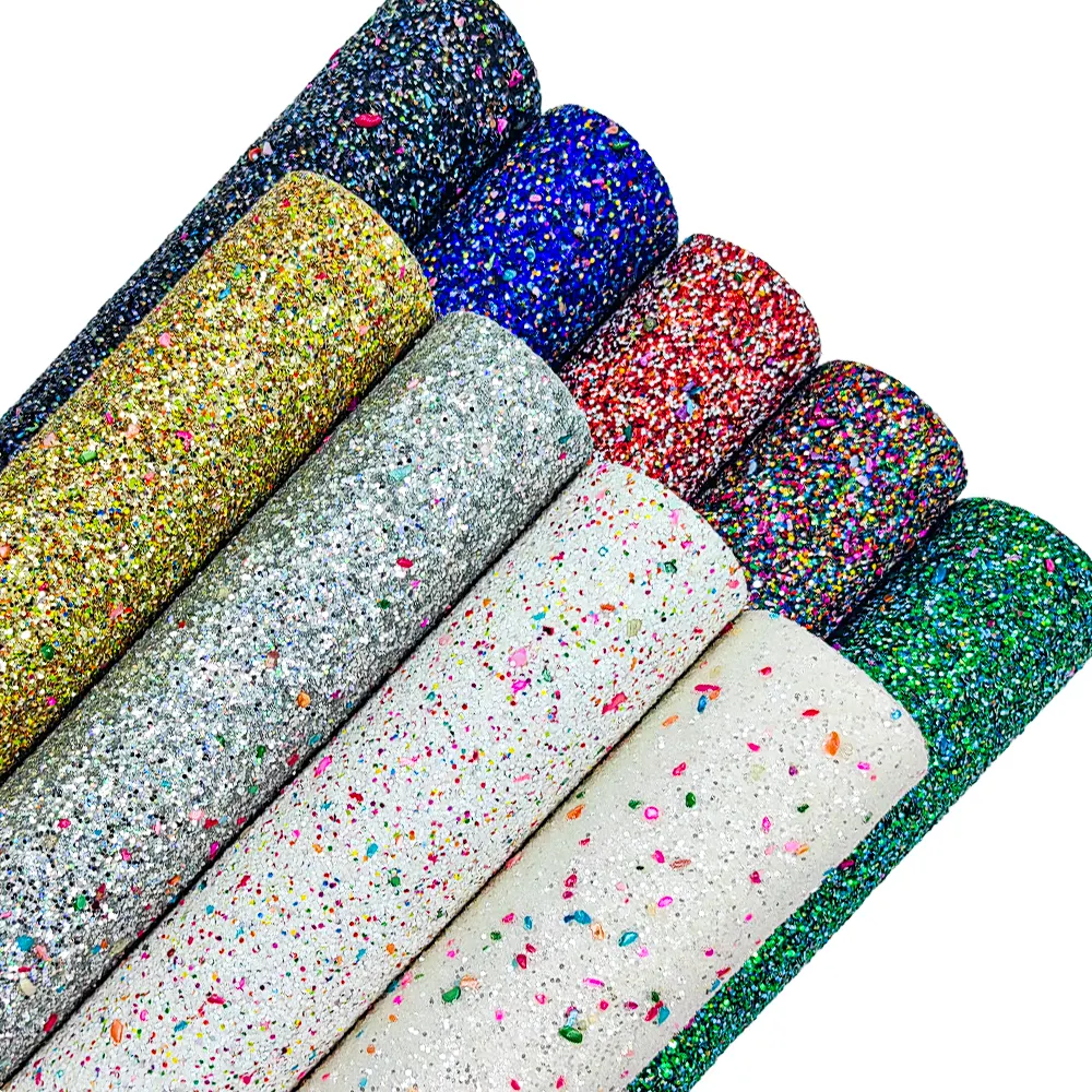 Renkli Glitter parlak tıknaz Glitter Pu vinil Faux kumaş deri küpe aksesuar için parlak sim Pu deri kumaş