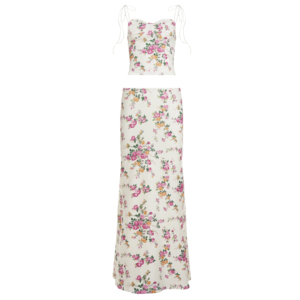 2026 ชุดเซ็ตสองชิ้นลายดอกไม้สำหรับผู้หญิงฤดูร้อนใหม่ เสื้อครอปเวสต์ผูกเอวและกระโปรงยาวปานกลาง Y2 สไตล์วันหยุดแสนโรแมนติก - Product Image 6