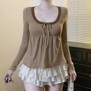 Camiseta Vintage de Manga Larga a Rayas con Detalle de Lazo para Mujer, Cuello Redondo, Corte Ajustado, Dobladillo en Línea A, Estilo Casual y Juvenil - Product Image 4