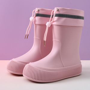 Bottes de pluie pour femmes avec cordon de serrage, mi-mollet, semelle épaisse, imperméables, en caoutchouc, blanc cassé, rose, noir, tailles 36-41, couleur unie - Product Image 4