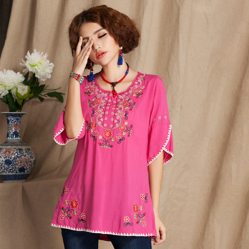 Pink cotton linen embroidered blouse shirt