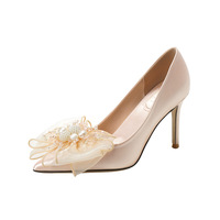 Escarpins de Mariage et de Soirée pour Femme Grande Taille 33-43 en Satin à Bout Pointu, Talons Aiguilles, Nœud en Tulle et Perles, Faciles à Enfiler