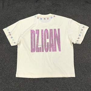 เสื้อยืดคอตตอนถักทรงครอป ดีไซน์เนอร์สำหรับฤดูร้อน สไตล์สตรีทแวร์ ทรงบ็อกซี่ โอเวอร์ไซส์ ยูนิเซ็กซ์ คอเสื้อประดับคริสตัล ระบายอากาศได้ดี - Product Image 2