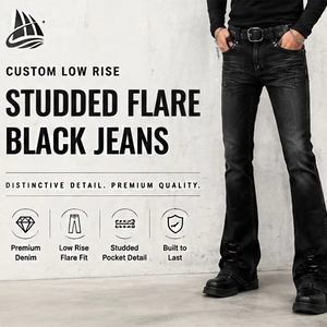 <span class=keywords><strong>Jeans</strong></span> da <span class=keywords><strong>Uomo</strong></span> in Denim Cerato Svasati a Zampa d'Elefante Neri a <span class=keywords><strong>Vita</strong></span> <span class=keywords><strong>Bassa</strong></span>, Vestibilità Aderente, Stile Vintage con Effetto Consumato e Personalizzati all'Ingrosso - Product Image 4
