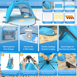 E-RIKE 3-4 Persons 190T Polyester UV Protection Automatic Beach Shade Tent Fiberglass Pole Portable Instant Pop-up Beach Tent - Product Image 3