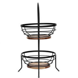 Panier à fruits ovale à 2 niveaux en fil métallique avec poignée arquée et base en bois, finition noire thermolaquée, organisateur de rangement de cuisine - Product Image 1