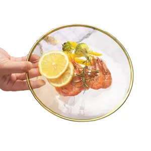 Свадебная закаленная стеклянная посуда с золотым ободком и бусинами, прозрачная стеклянная тарелка с бусинами для зарядного устройства