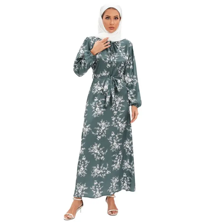 Gaun maxi satin cantik baru gaun cetak bunga bersabuk dengan hijab Muslim Melayu Indonesia Timur Tengah sederhana dres