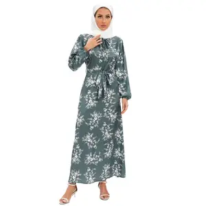 새로운 아름다운 새틴 맥시 원피스 벨트 꽃 인쇄 원피스 hijab 이슬람 말레이 인도네시아 중동 겸손한 드레스