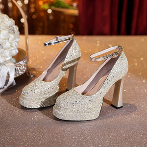 Y9595-5 Glitter <b>Platform</b> Block <b>Heel</b> <b>Ankle</b> <b>Strap</b> Mary Jane Pumps Round Toe Satin Lining Wedding Dress Shoes - Product Image 1