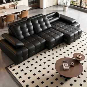 Sofá Seccional Moderno en Forma de L de Cuero Sintético Negro con Respaldo Acolchado y Brazos Acolchados para Sala de Estar - Product Image 1
