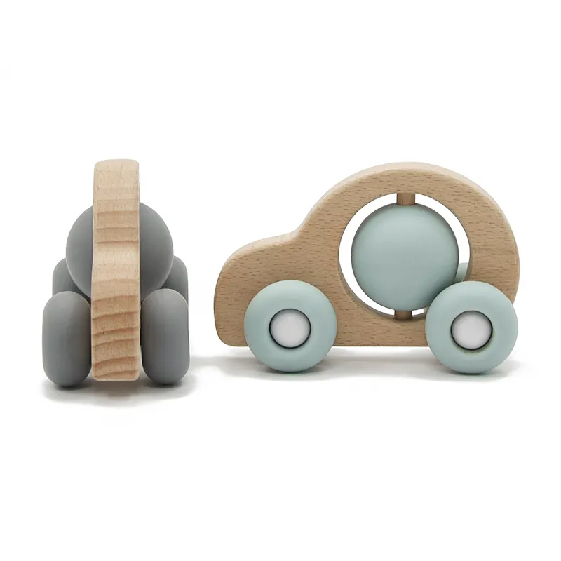 Custom car shape baby wooden silicone teether beech wood food grade silicon teething sensory toys bpa free wholesale