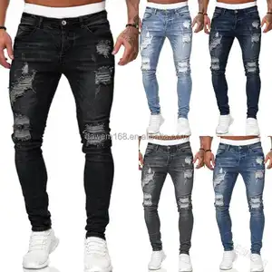 2024 new factory wholesale denim solid color ripped low ripped denim skinny rock slim men's jeans
