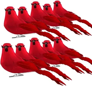 Adornos artificiales de pájaros con plumas, adornos de árbol de Navidad con Clip rojo de 6 pulgadas, decoración de aves de Navidad
