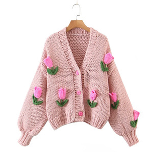 Cárdigan de Punto para Mujer Dalang, Bordado de Tulipanes, Algodón, Corte Holgado, Manga Larga, Cierre de Botón, Estampado Floral - Product Image 1