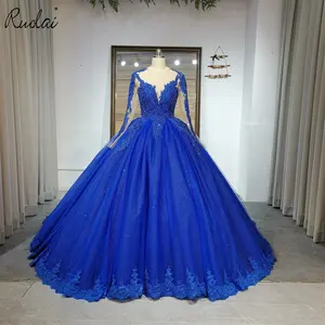 Ruolai LWC6587 Luxury Glitter Beading Long Sleeve Party Prom Dresses V-neck Ball Gown vestidos de quinceaneras 2022