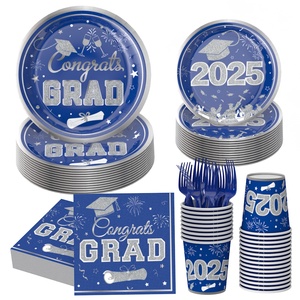 Vaisselle de fête de fin d'année 2026, assiettes en <span class=keywords><strong>papier</strong></span> bleues et argentées, gobelets, serviettes, ballons, décorations de fête - Product Image 5