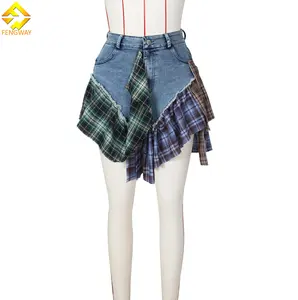 2024 New Arrivals Irregular Plaid Stitching Denim Mini Skirt Women High Waist A-line Short Jean Patchwork Skirt