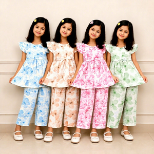 Conjunto de 2 piezas de algodón floral transpirable para niñas: Top con mangas abullonadas y pantalones palazzo con volantes, conjunto coordinado de top peplum y pantalones para niños. - Product Image 1