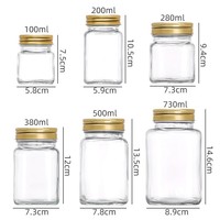 Pot à miel carré en verre de qualité alimentaire, vide, transparent, avec couvercle doré, pour l'emballage de miel et de confiture, étiquette personnalisée, 500g 1kg