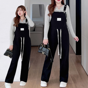 Salopette noire pour femme Runqi N8486, coupe droite, cordon de serrage, coton, décontractée, grande taille, combinaison en jean d'automne - Product Image 1