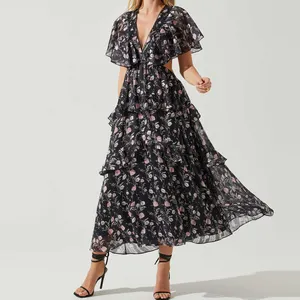 Xu Hướng Mới Thiết Kế V Cổ Cắt ra Thoải Mái Mùa Hè Giản Dị Sexy Phụ Nữ Hoa Dresses Đối Với Phụ Nữ