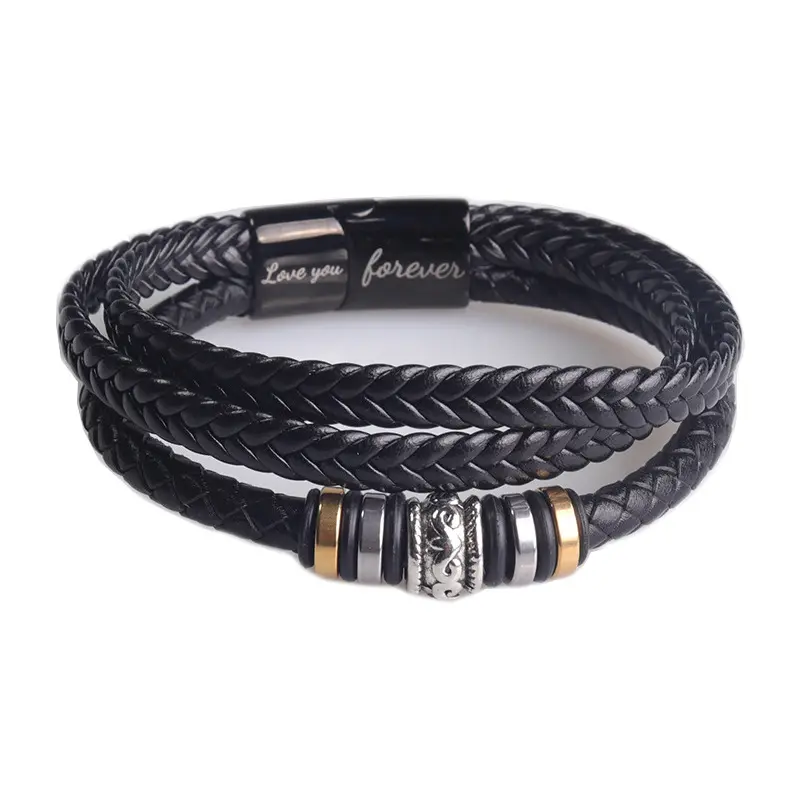 Duoying Drop Shipping Stainless Steel Triple Braided Men'S Multi-Layer Leather Bracelet