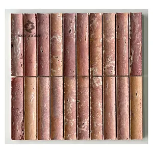3D groove long strip mosaic Red Travertine marble wall decoration bathroom kitchen backpanel tile threedimensional stone mosaic