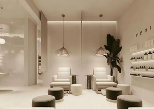 Miroirs LED arqués et étagères intégrées pour une conception intérieure minimaliste et une rénovation complète de salon de beauté en une seule solution - Product Image 2