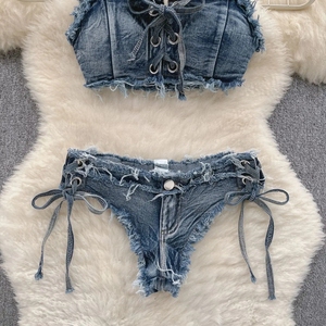 Set di bikini <span class=keywords><strong>da</strong></span> <span class=keywords><strong>donna</strong></span> King Mcgreen Star estivo Sexy Denim con cinturino in Denim gilet e <span class=keywords><strong>pantaloncini</strong></span> a vita bassa costume <span class=keywords><strong>da</strong></span> <span class=keywords><strong>bagno</strong></span> costume <span class=keywords><strong>da</strong></span> <span class=keywords><strong>bagno</strong></span> costumi <span class=keywords><strong>da</strong></span> <span class=keywords><strong>bagno</strong></span> - Product Image 2